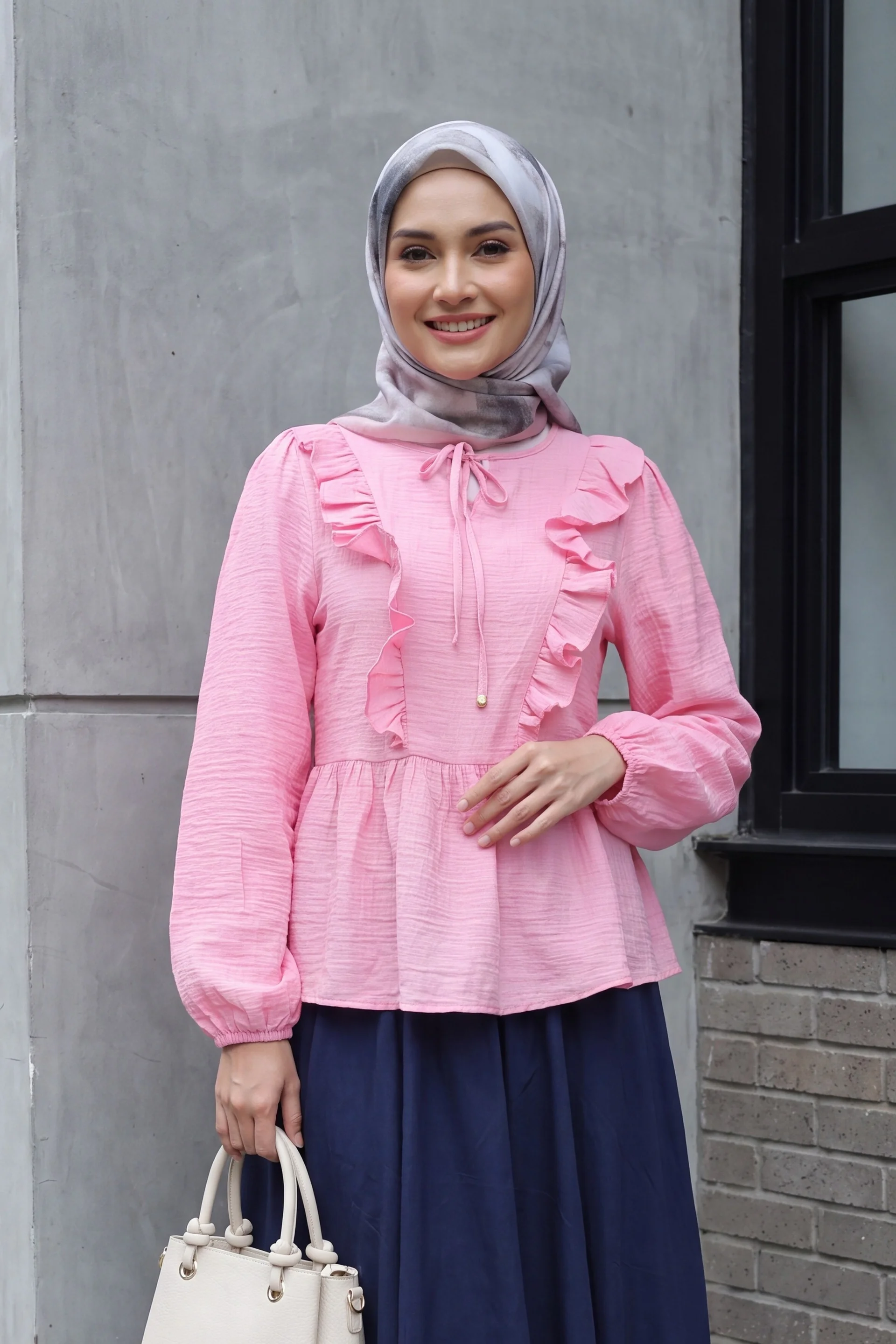 Tie-Neck Ruffle-Front Crinkle Blouse - Pink - Podyumplus - by Peralane
