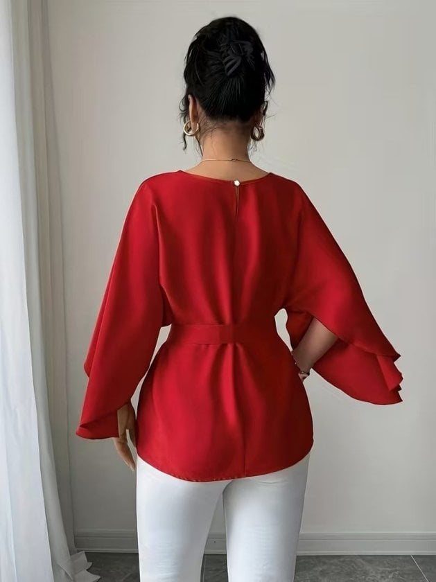 Women's Long Sleeve Round Neck Batwing Sleeve Belted Satin Blouse - Janes - by Peralane - photo 3