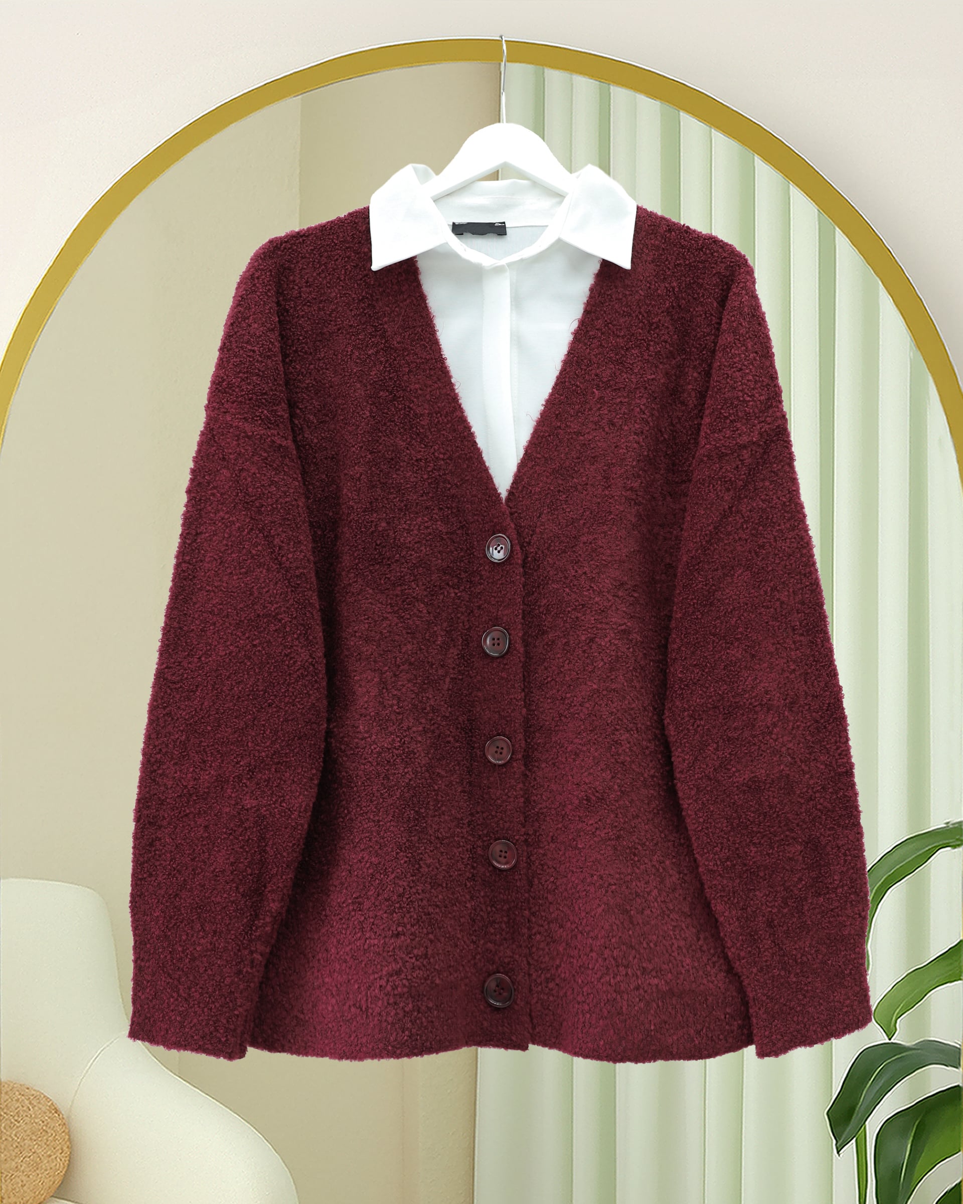 Buttoned Relaxed Knit Cardigan - Burgundy - Podyumplus - by Peralane - photo 3