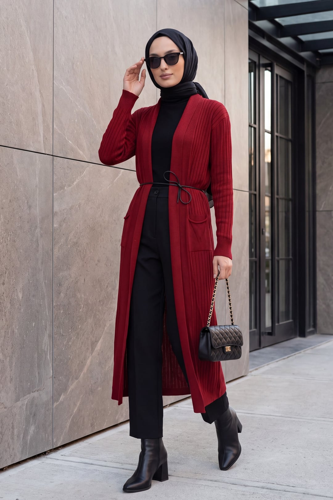 Long Ribbed Knit Cardigan with Belt - Burgundy - Bigdart - by Peralane - photo 2