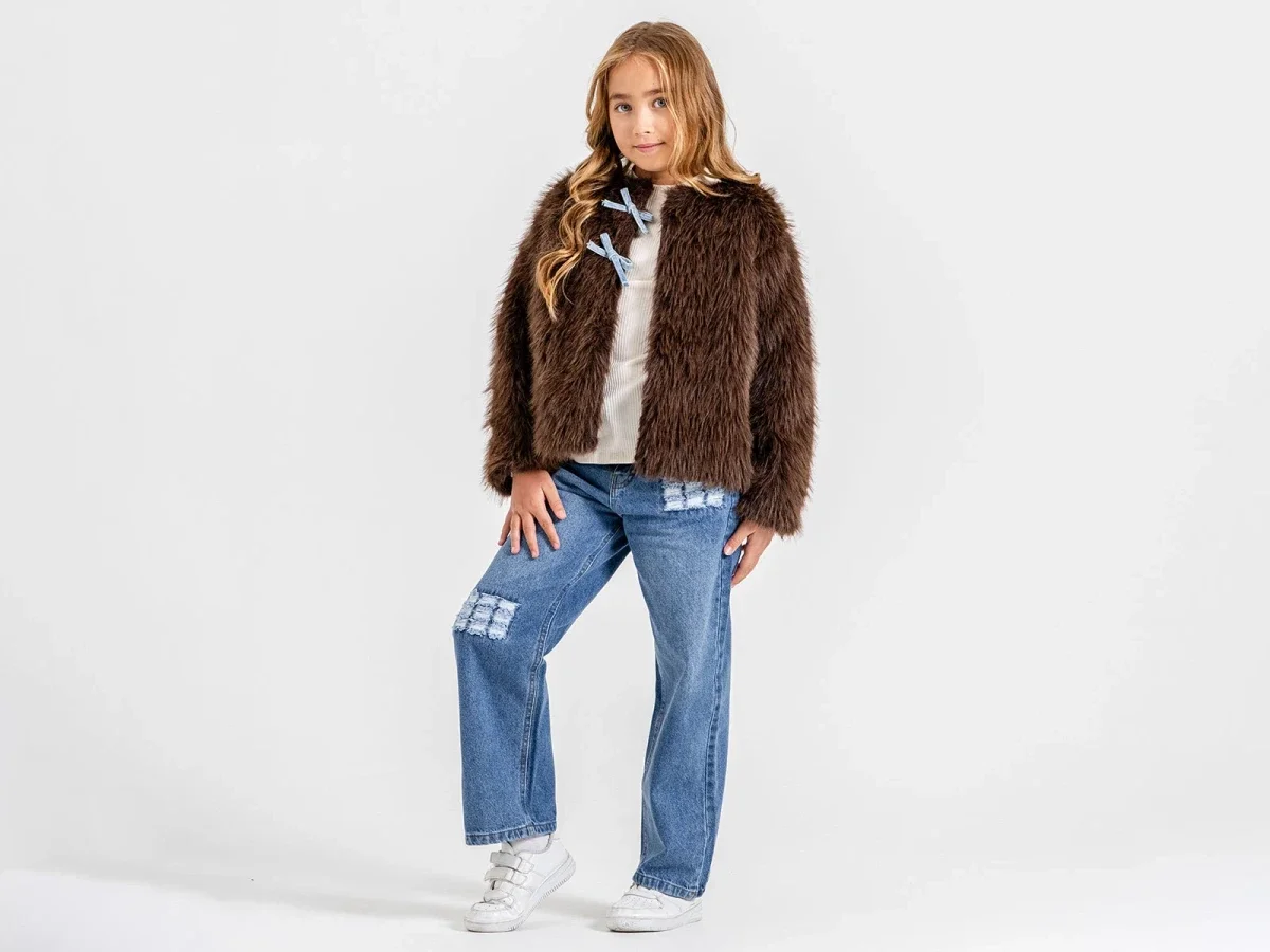 Bow Detail Faux Fur Jacket Girls' 3-Piece Suit in Brown - Ecolkiz - by Peralane