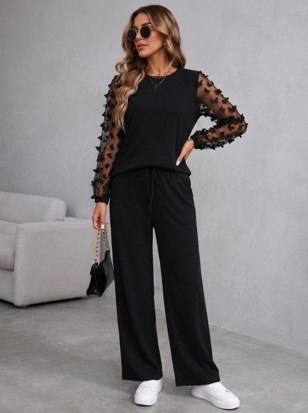 Women's Long-Sleeve Cycling Neck Tulle Sleeve Viscose Two-Thread Blouse and Pants Two-Piece Set - Janes - by Peralane - photo 3