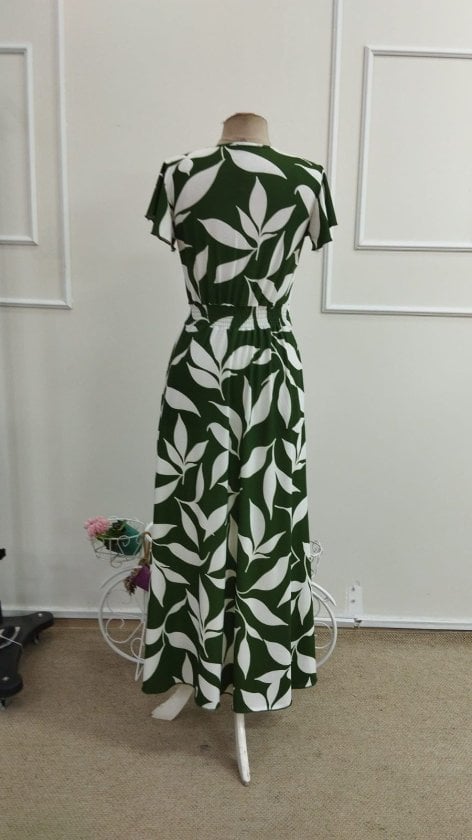 Women's Short Sleeve Wrap V-Neck Leaf Print Long Suprem Dress - Janes - by Peralane - photo 5