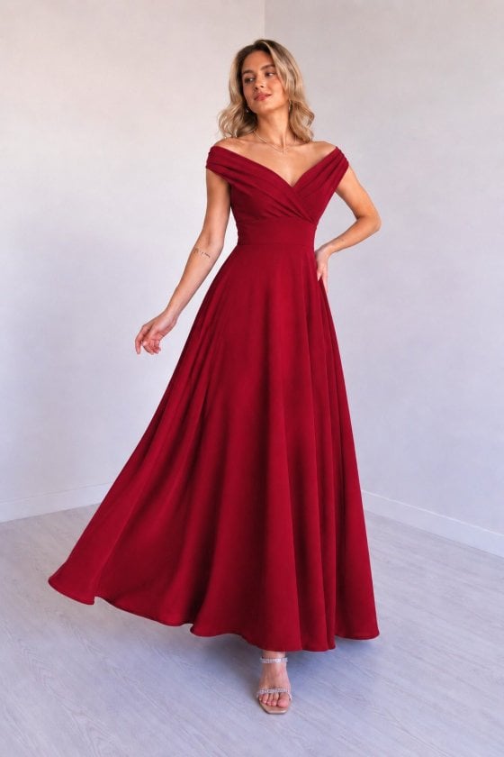 Women's Off-Shoulder Wrap V-Neck Long Crepe Dress in Red - Janes - by Peralane - photo 3