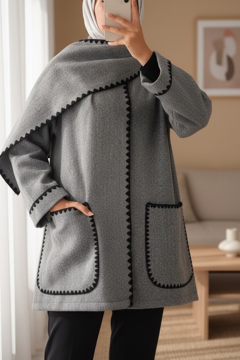 Grey Button-Front Jacket with Attached Scarf and Pockets - Podyumplus - by Peralane