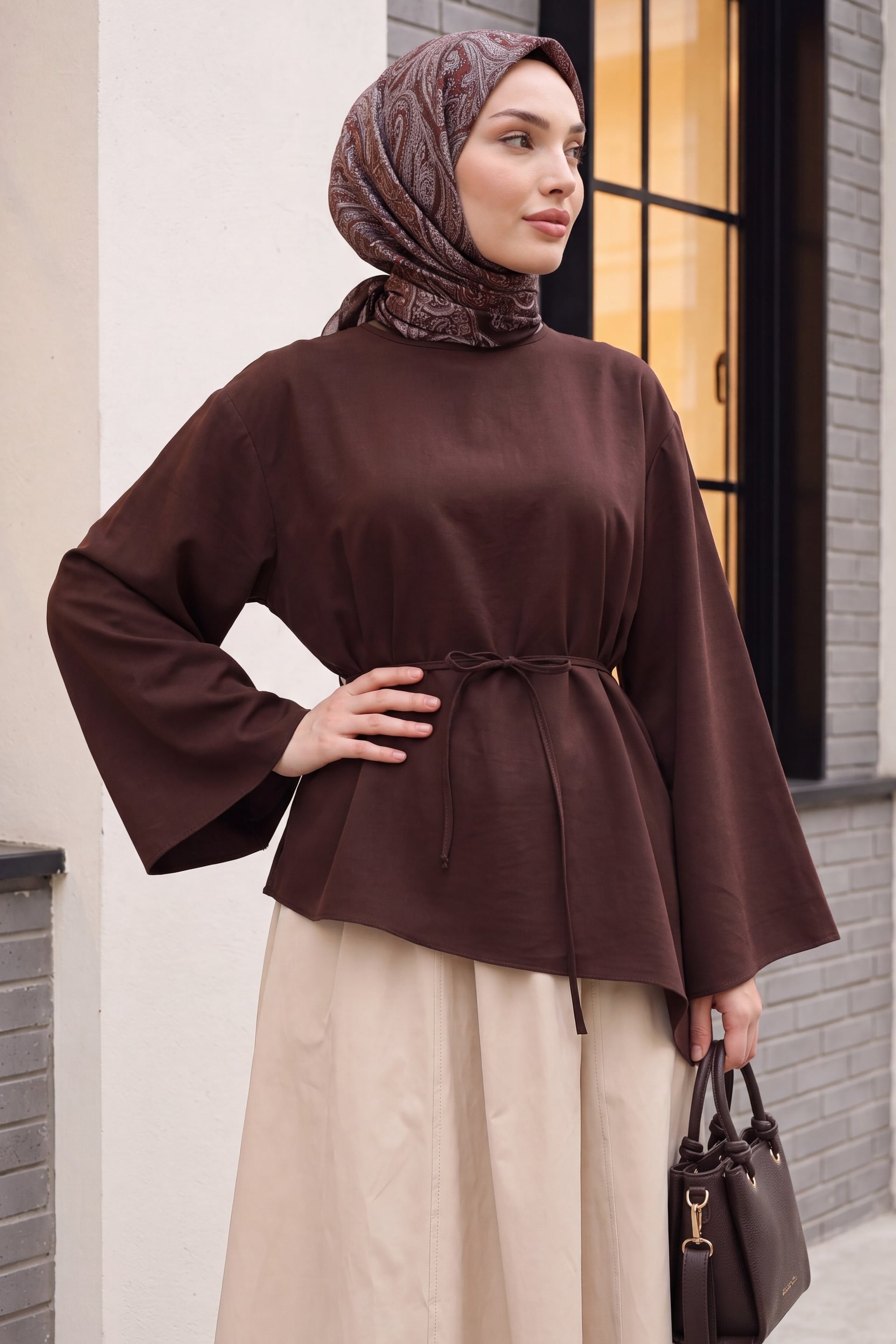 Asymmetric Cut Tie-Belt Oversize Modal Tunic - Dark Brown - Podyumplus - by Peralane - photo 7