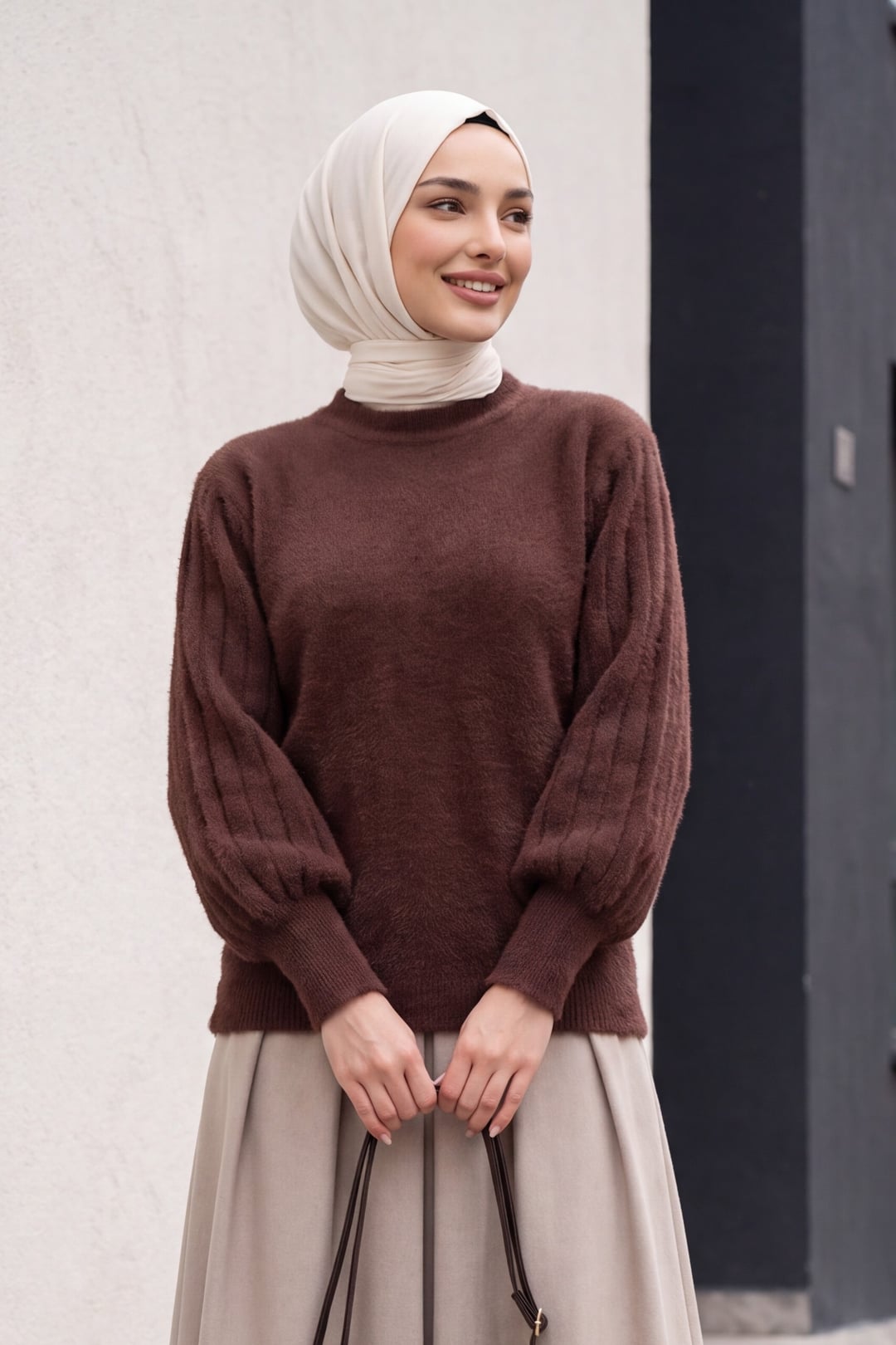 Women's Brown Oversize Balloon Sleeve Knit Sweater - Bigdart - by Peralane - photo 4