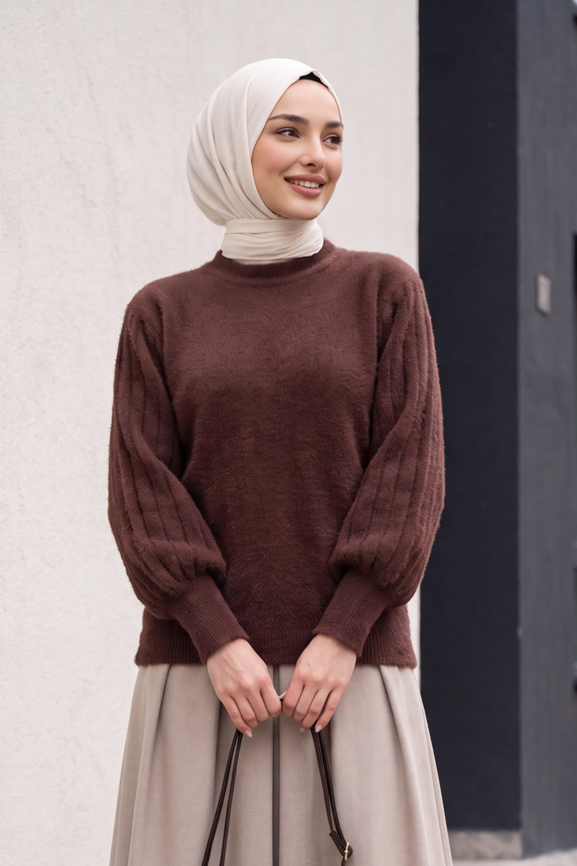 Women's Brown Oversize Balloon Sleeve Knit Sweater - Bigdart - by Peralane - photo 4