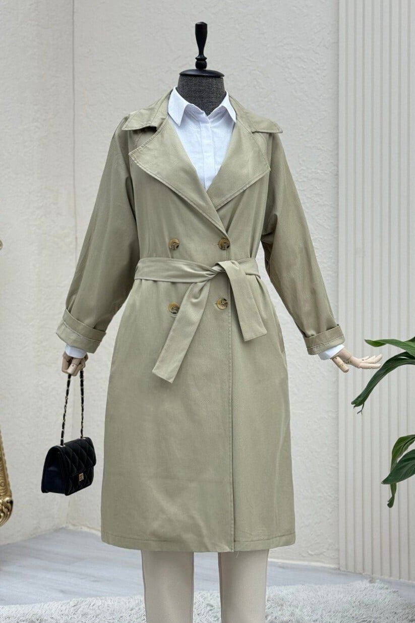 Belted Mid-Length Trench Coat with Bolero Detail - Stone Color - Podyumplus - by Peralane - photo 3