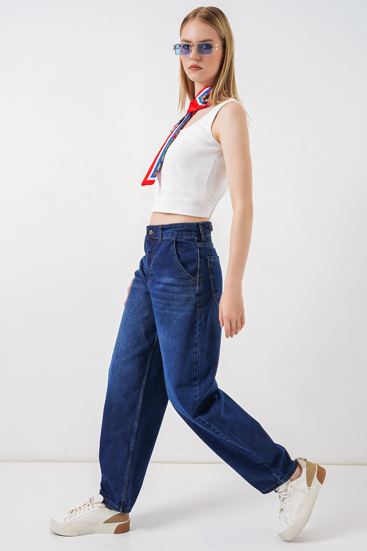 Women's High-Waist Baggy Denim Trousers - Dark Blue - Bigdart - by Peralane - photo 2