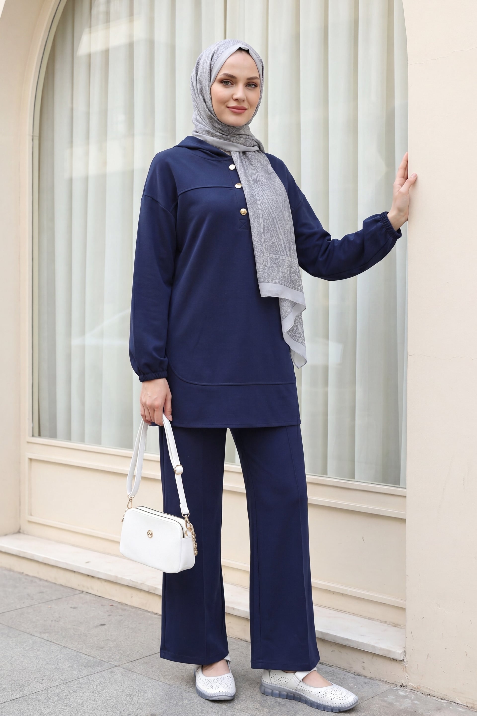 Hooded Half-Button Wide-Leg Trousers Pocket Loungewear Set - Navy Blue - Podyumplus - by Peralane - photo 3