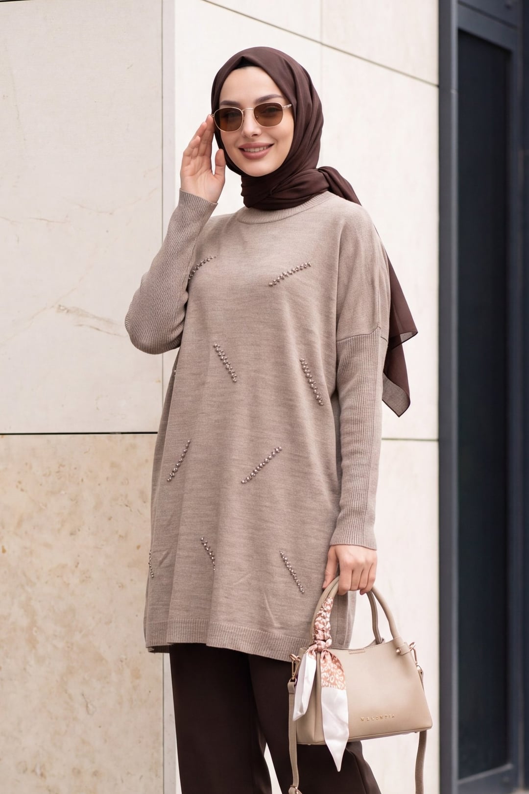 Half-Neck Beaded Relaxed Knit Tunic - Earth - Podyumplus - by Peralane - photo 2