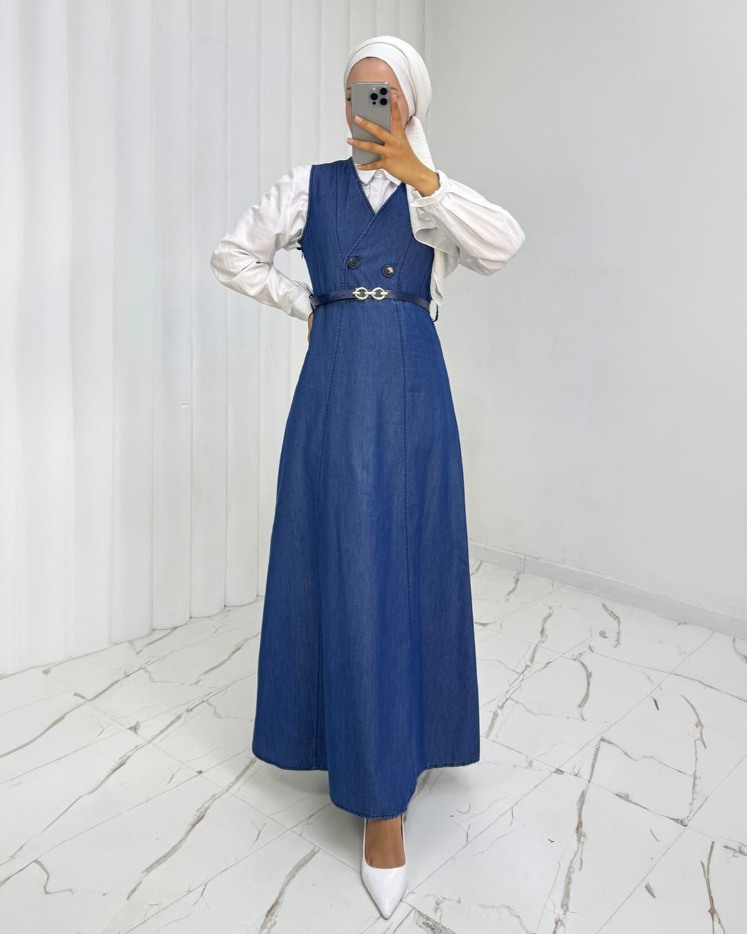 Double-Breasted Belted Denim Jumpsuit - Indigo - Podyumplus - by Peralane - photo 5