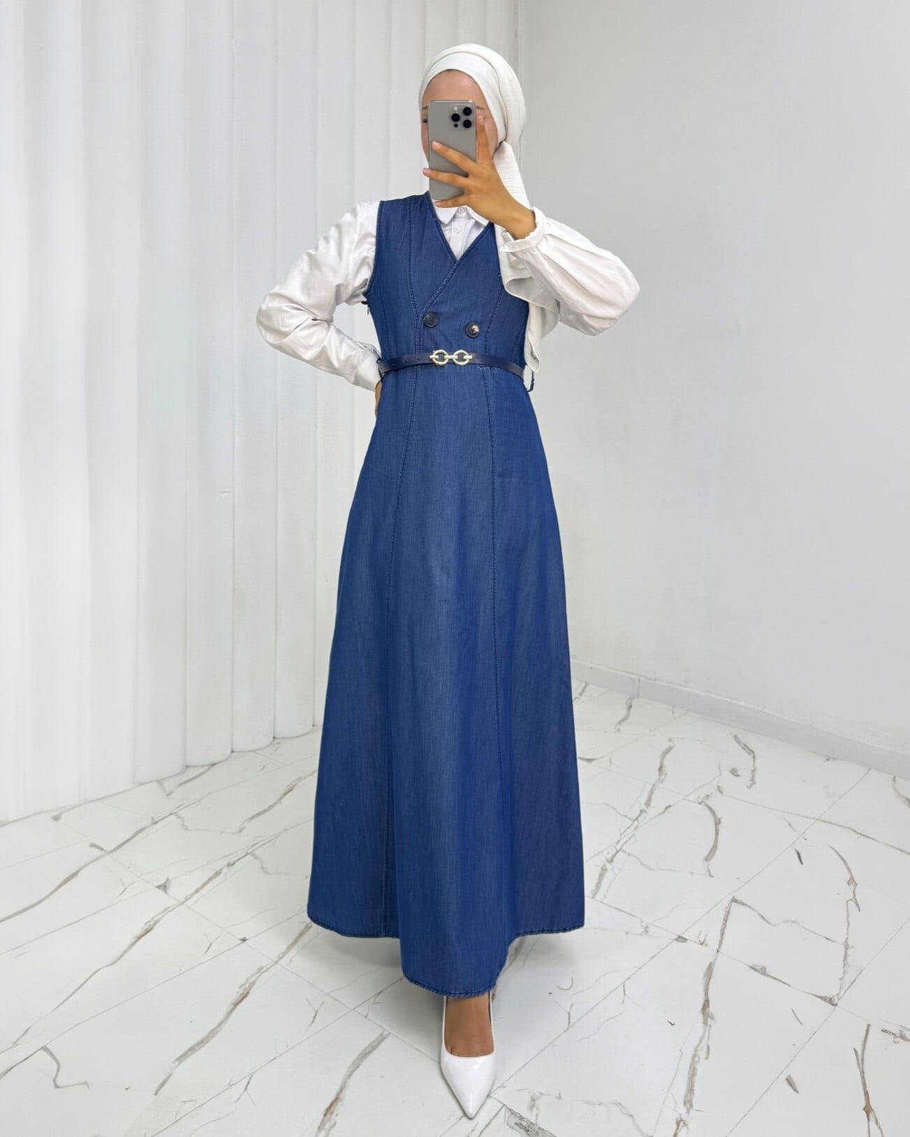 Double-Breasted Belted Denim Jumpsuit - Indigo - Podyumplus - by Peralane - photo 5