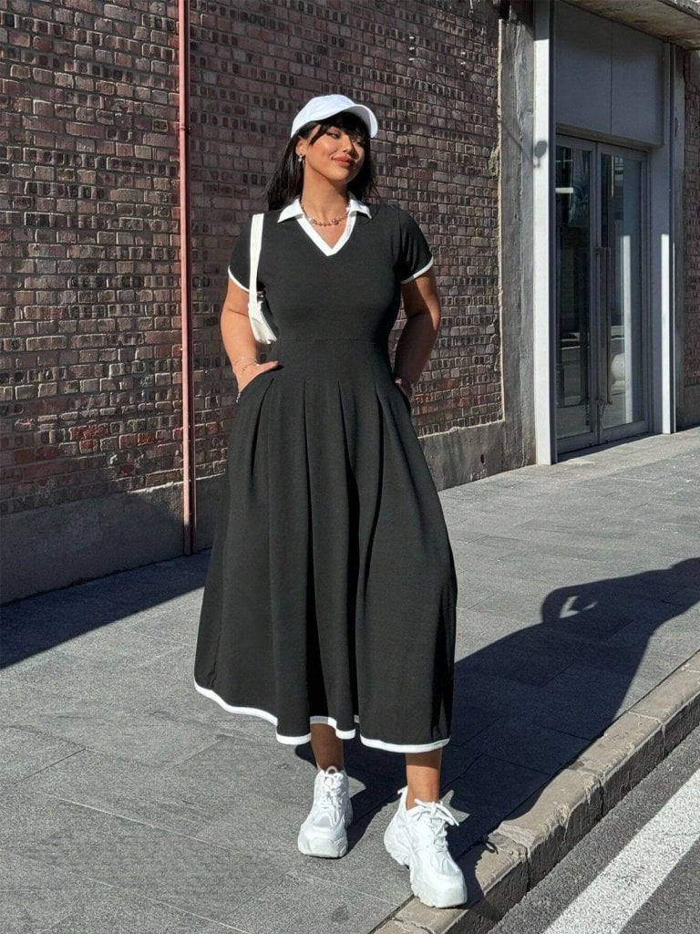 Women's Short Sleeve V-Neck Pleated Long Crepe Dress - Janes - by Peralane - photo 4