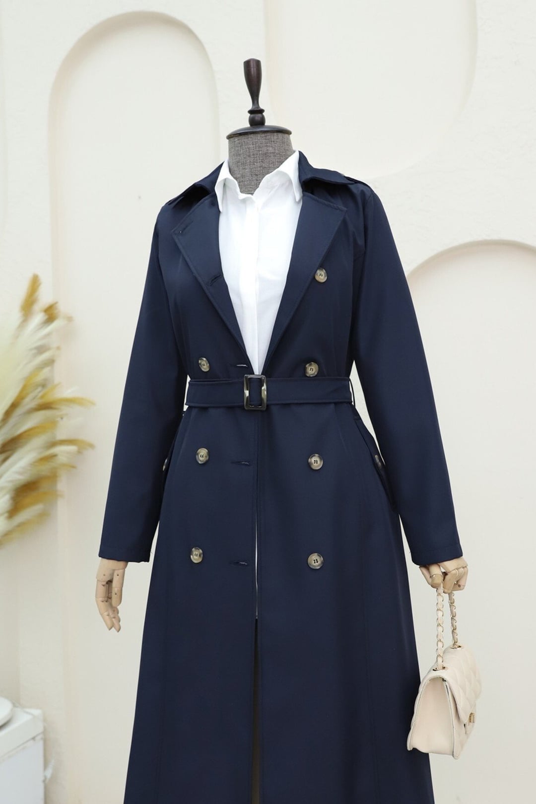 Double-Breasted Belted Trench Coat - Navy - Podyumplus - by Peralane - photo 5
