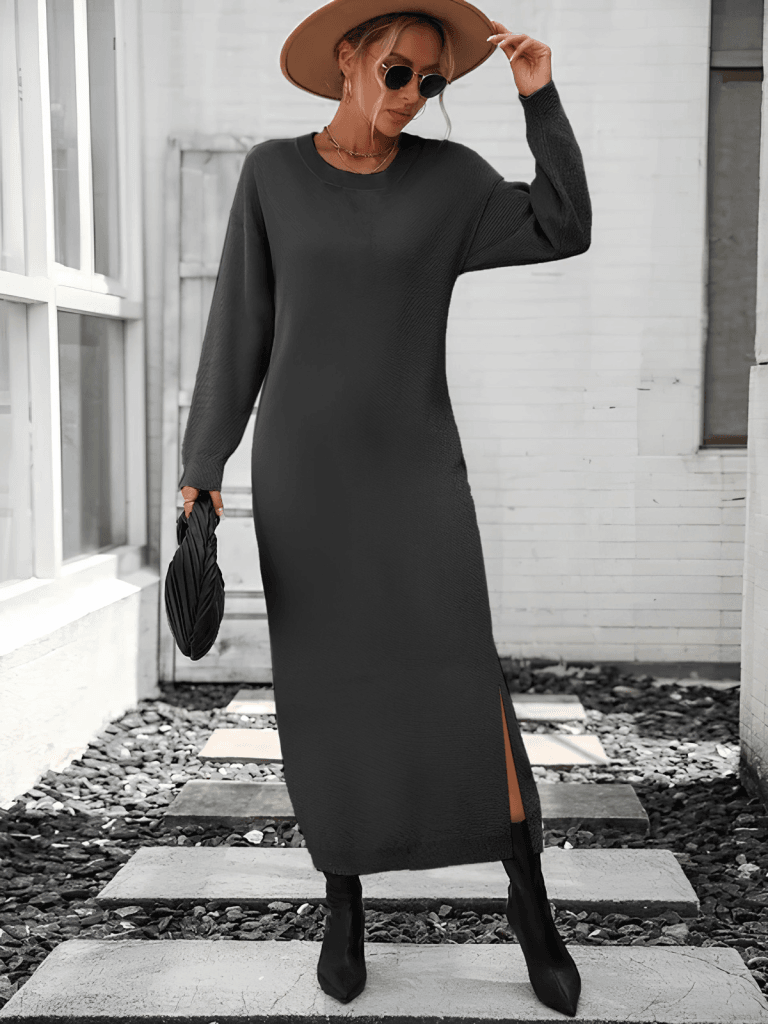 Women's Long Sleeve Crew Neck Slit Detail Knit Midi Dress - Janes - by Peralane