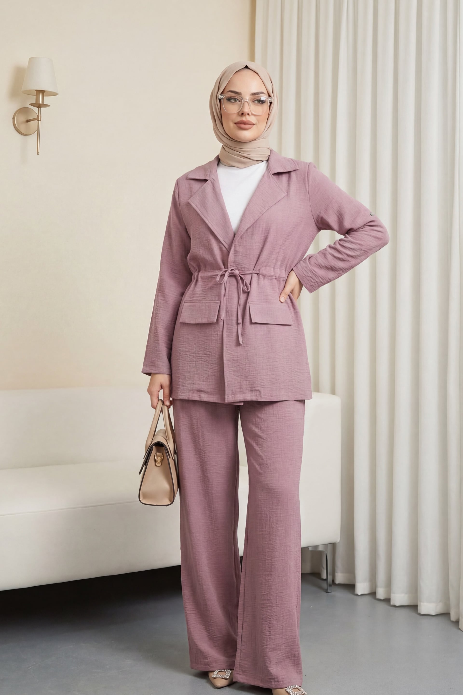 Flap Pocket Tunnel Bridge Blazer and Wide-Leg Trousers Co-ord Set in Dusty Rose - Podyumplus - by Peralane - photo 4