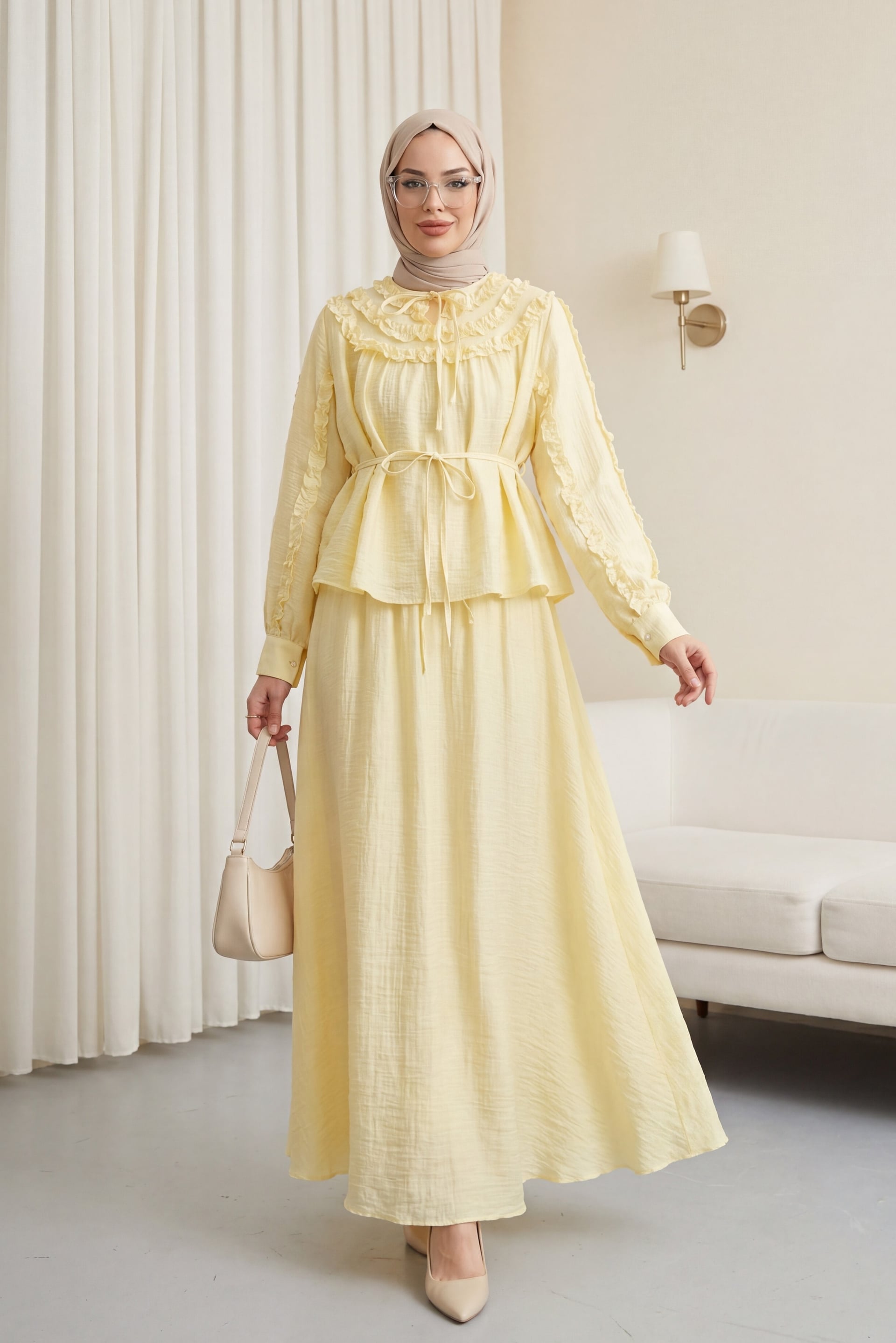 Cupra Modest Set with Tie Belt and Ruffles - Pale Yellow - Podyumplus - by Peralane - photo 4