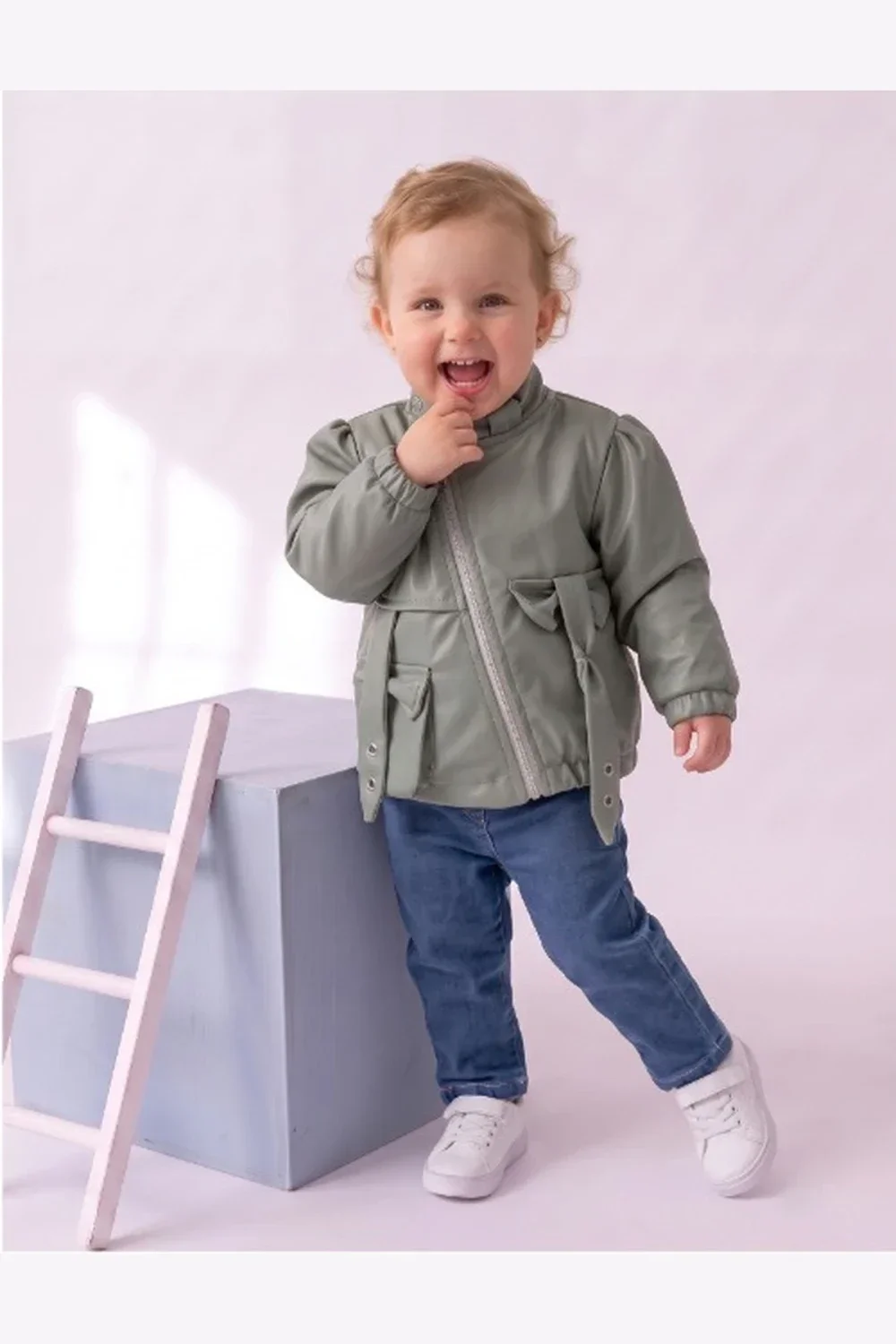 Girls' 3-Piece Set with Faux Leather Jacket - Sage Green - Has Bereket - by Peralane