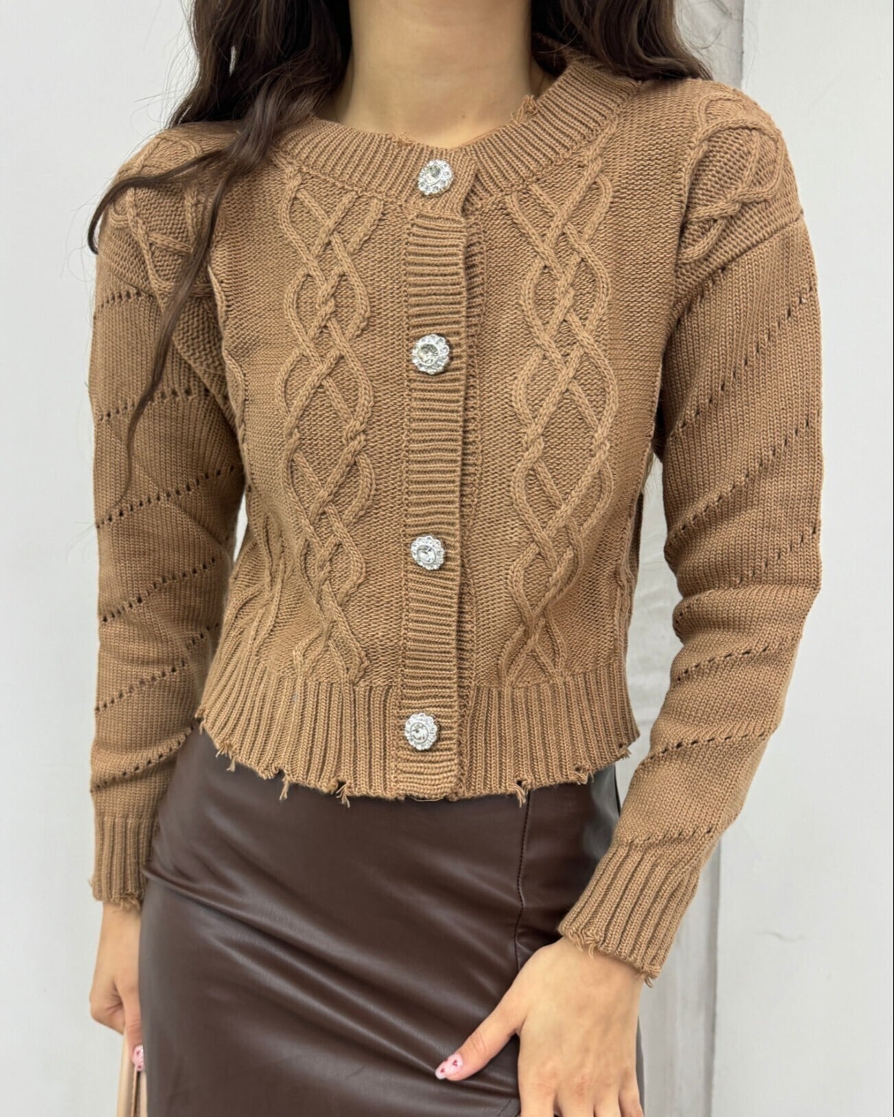 Stone Button Cropped Cardigan - Mink - Podyumplus - by Peralane - photo 3