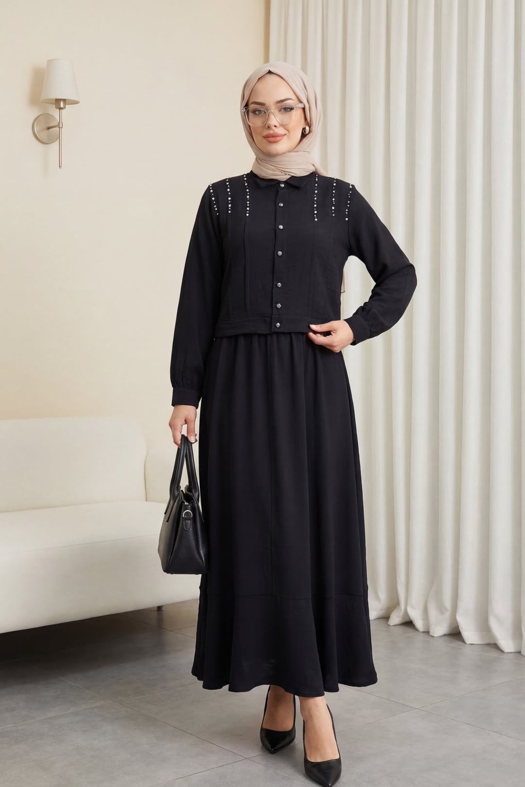 Black Stone-Embellished Buttoned Jacket and Skirt Set - Podyumplus - by Peralane