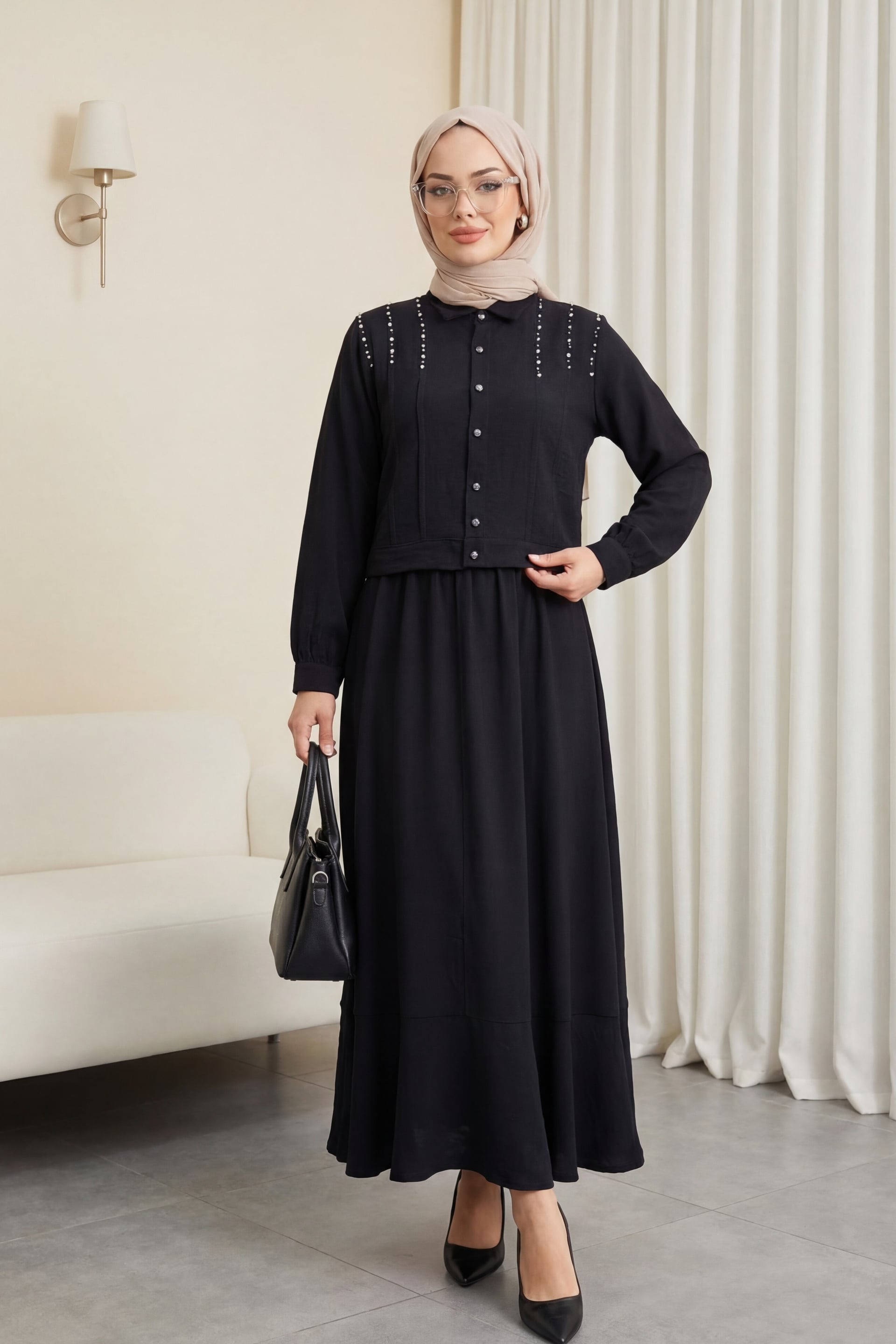 Black Stone-Embellished Buttoned Jacket and Skirt Set - Podyumplus - by Peralane