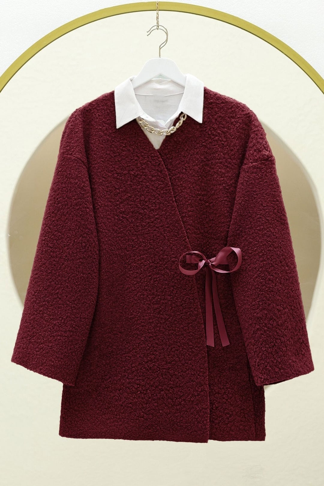 Side-Tie Bouclé Kimono Cardigan - Burgundy - Podyumplus - by Peralane