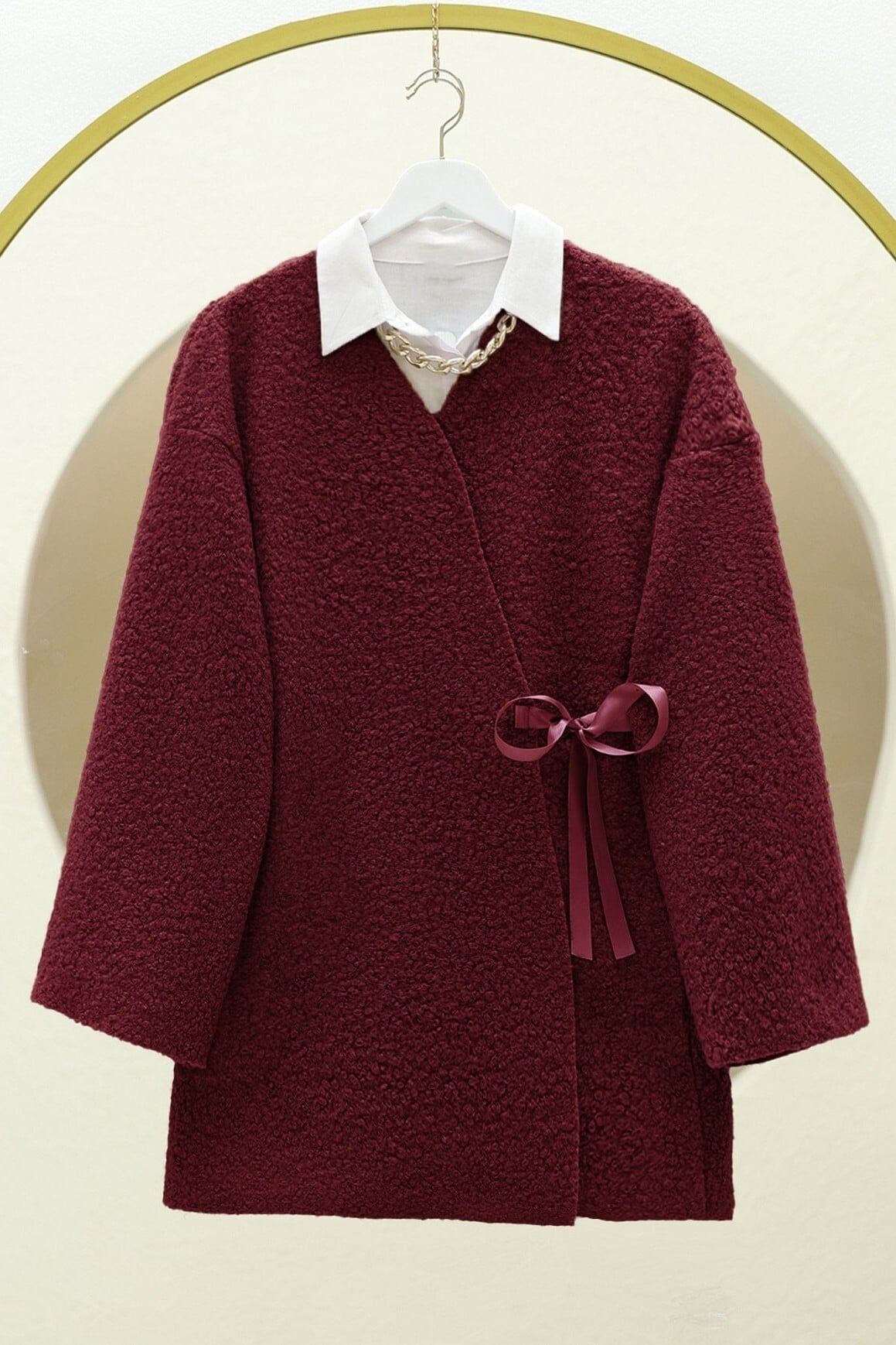 Side-Tie Bouclé Kimono Cardigan - Burgundy - Podyumplus - by Peralane