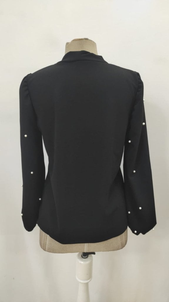 Women's Long-Sleeve Crepe Blouse with Bow and Pearl Beads - Janes - by Peralane - photo 8
