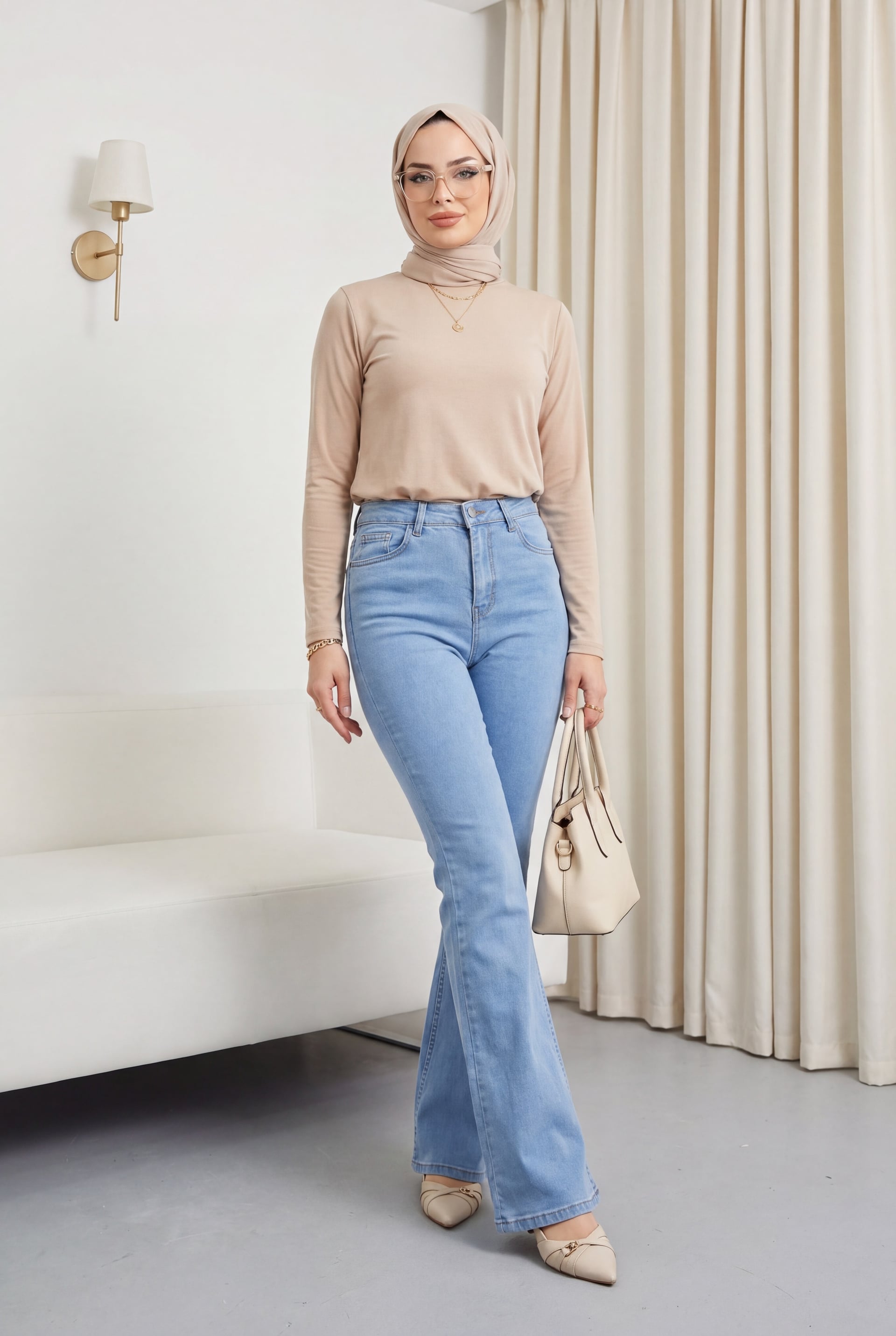 High Waist Flared Denim Trousers with Scarf Detail - Light Blue - Podyumplus - by Peralane - photo 2