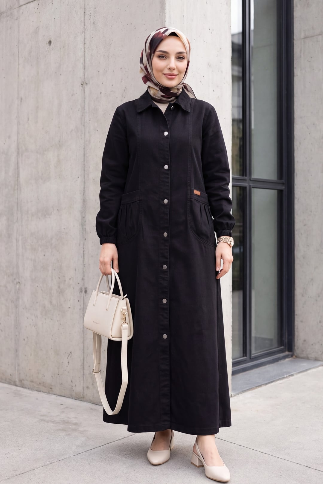 Long Black Cotton-Blend Abaya with Button Front and Patch Pockets - Podyumplus - by Peralane - photo 4