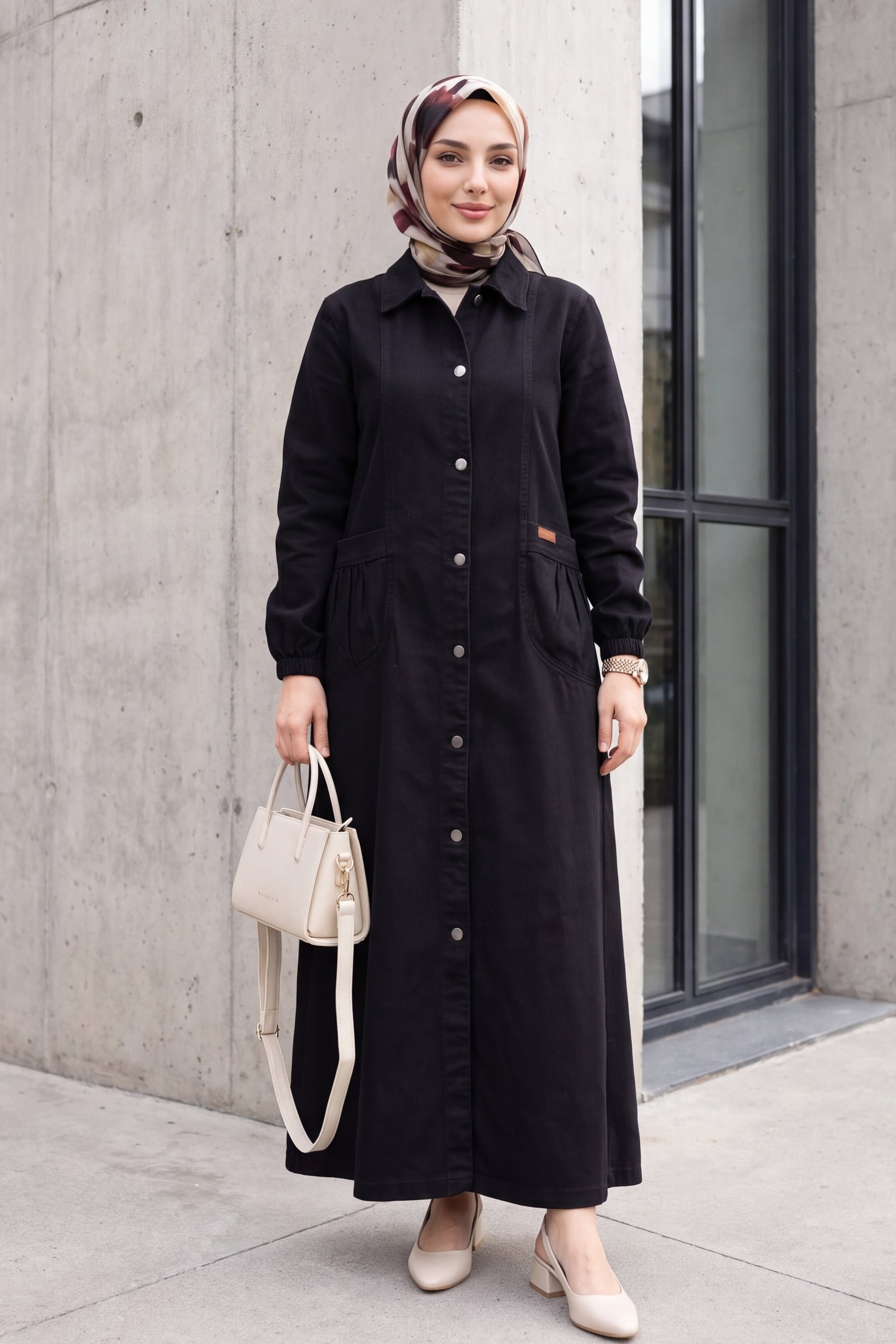 Long Black Cotton-Blend Abaya with Button Front and Patch Pockets - Podyumplus - by Peralane - photo 4