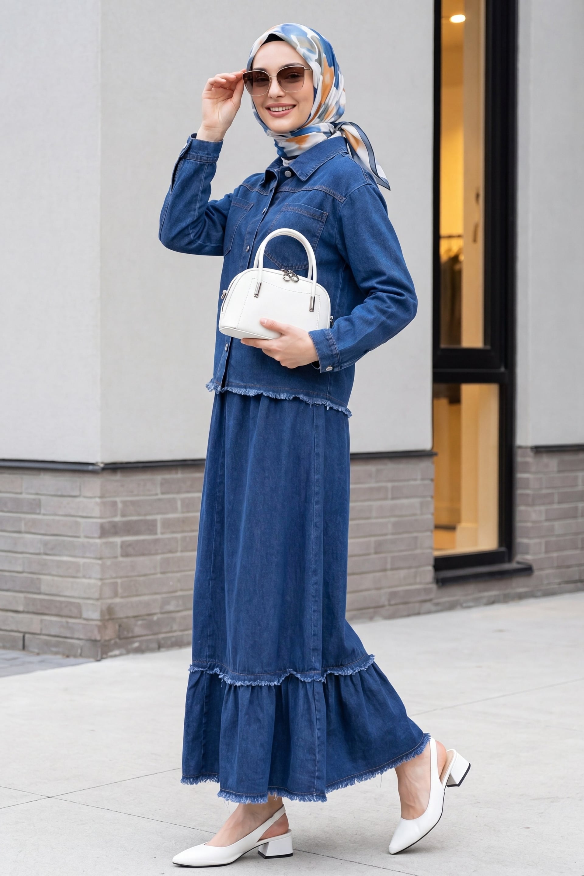 Women's Denim Shirt Collar Button-Front Jacket and Tiered Ruffle Skirt Set - Indigo - Podyumplus - by Peralane - photo 5