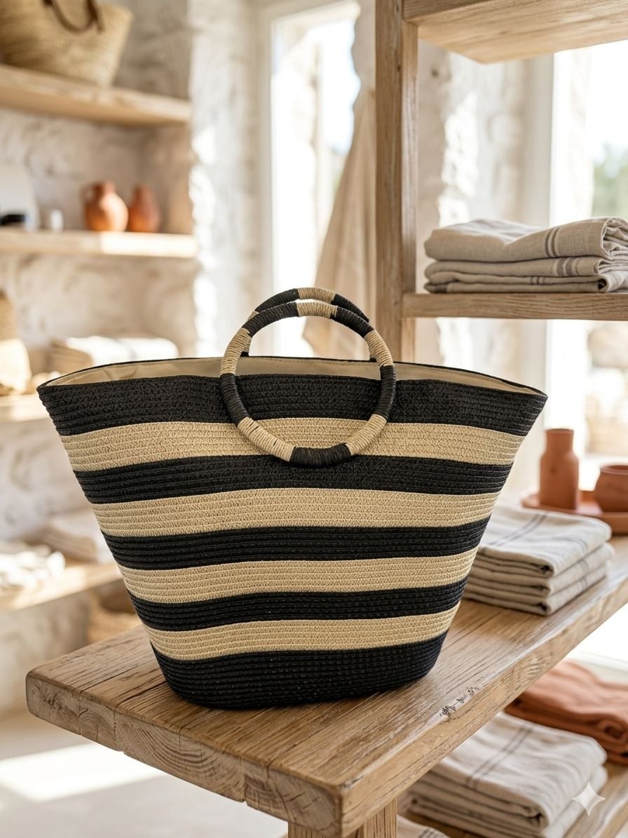 Black and Natural Striped Straw Tote Bag - Nesvay - by Peralane