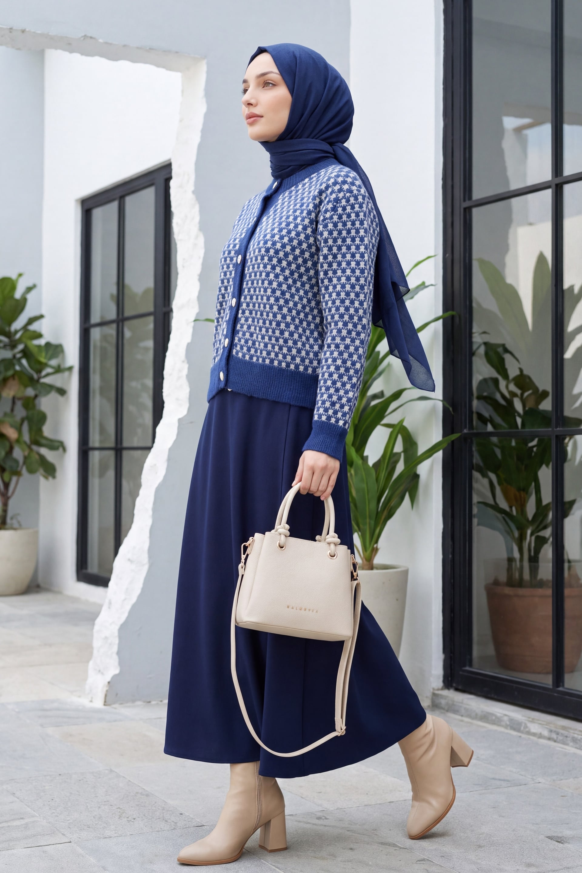 Round Neck Buttoned Patterned Knit Cardigan - Indigo - Podyumplus - by Peralane - photo 3
