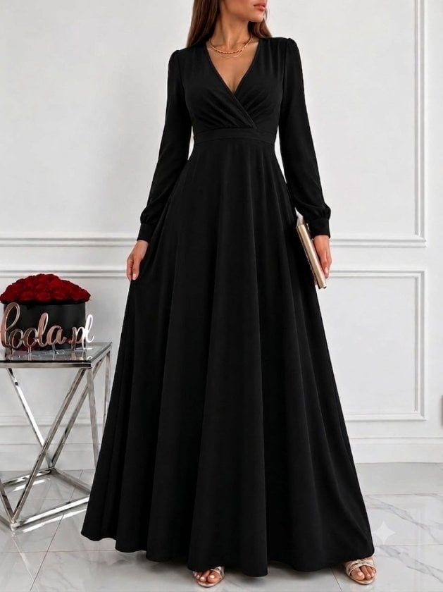 Women's Long-Sleeved Wrap V-Neck Pleated Waist Long Crepe Dress - Janes - by Peralane