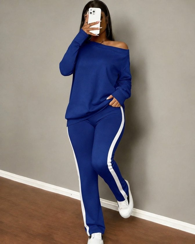 Women's Off-Shoulder Long Sleeve Viscose Two-Thread Blouse and Side Stripe Detail Trousers Two-Piece Set - Janes - by Peralane