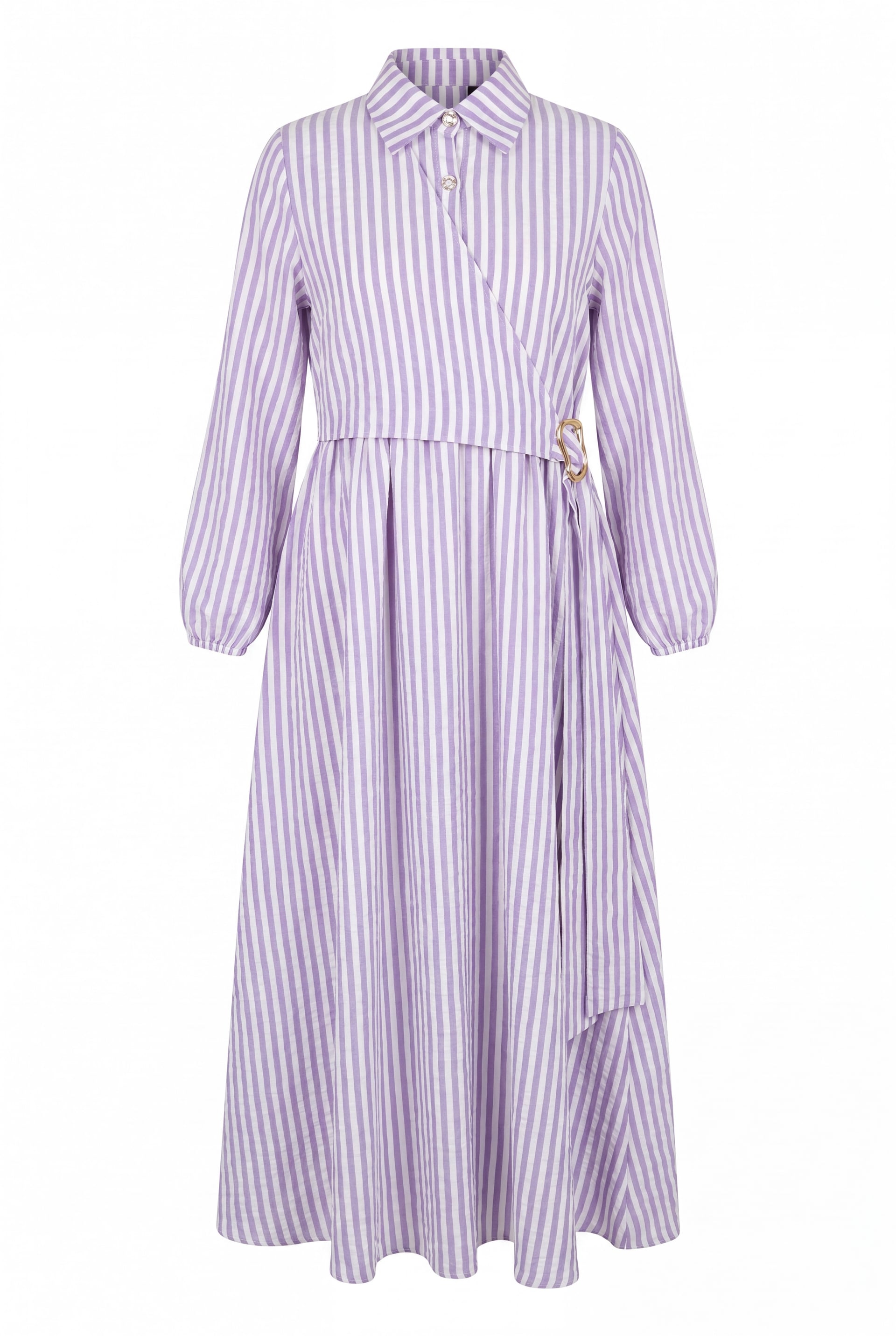 Striped Linen Dress with Shirt Collar and Side Tie - Lilac - Podyumplus - by Peralane - photo 2
