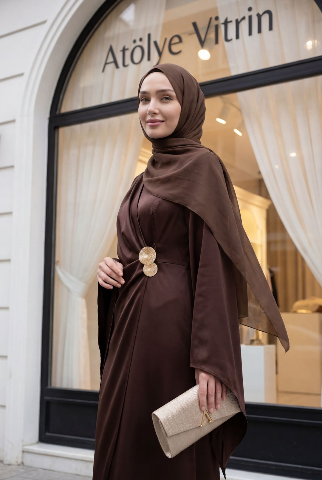 Buckle Detail Double Layer Front Asymmetric Sleeve Satin Evening Dress - Brown - Podyumplus - by Peralane - photo 9
