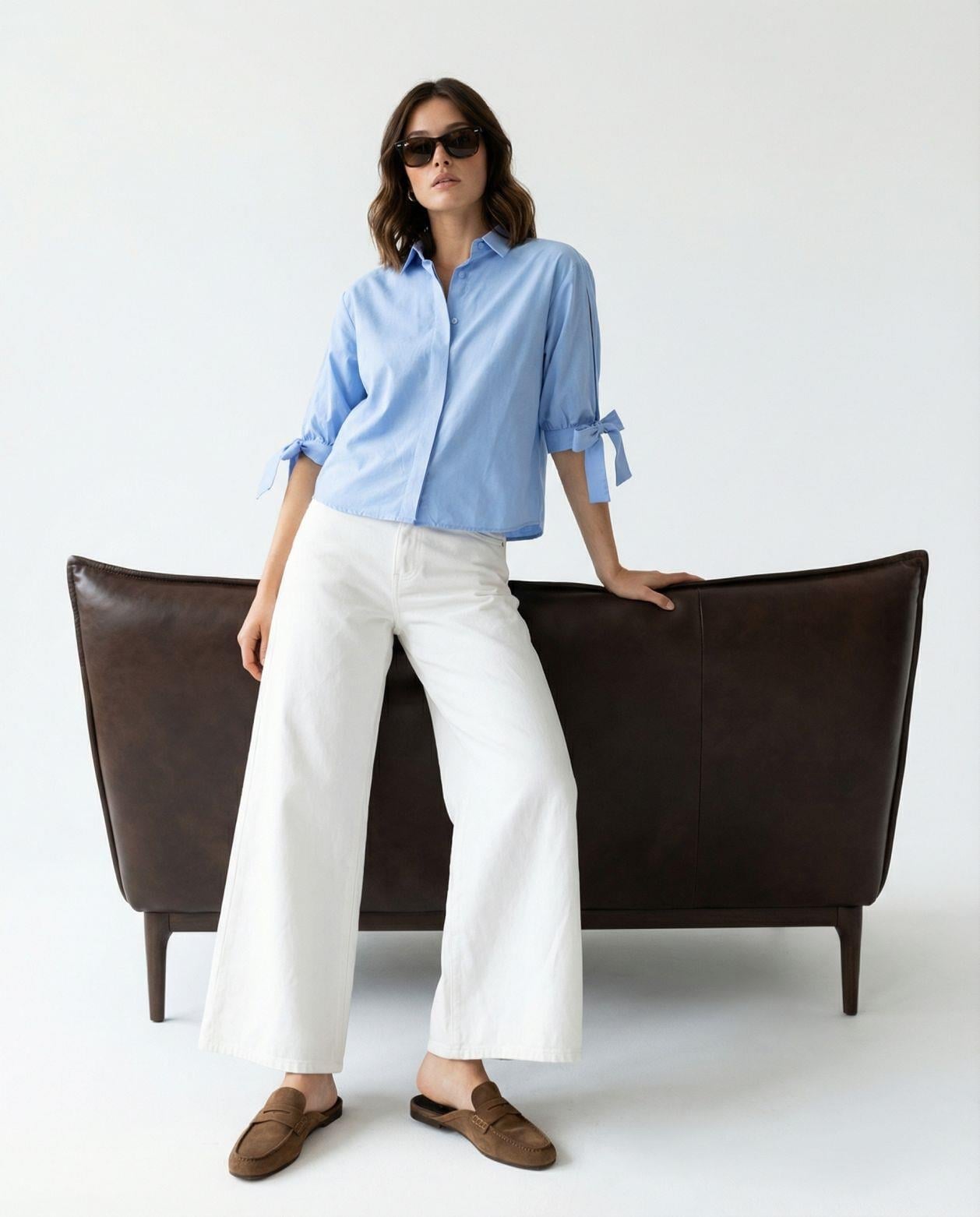 Women's Light Blue Cotton-Blend Shirt with Tie Sleeves - Fame - by Peralane - photo 5