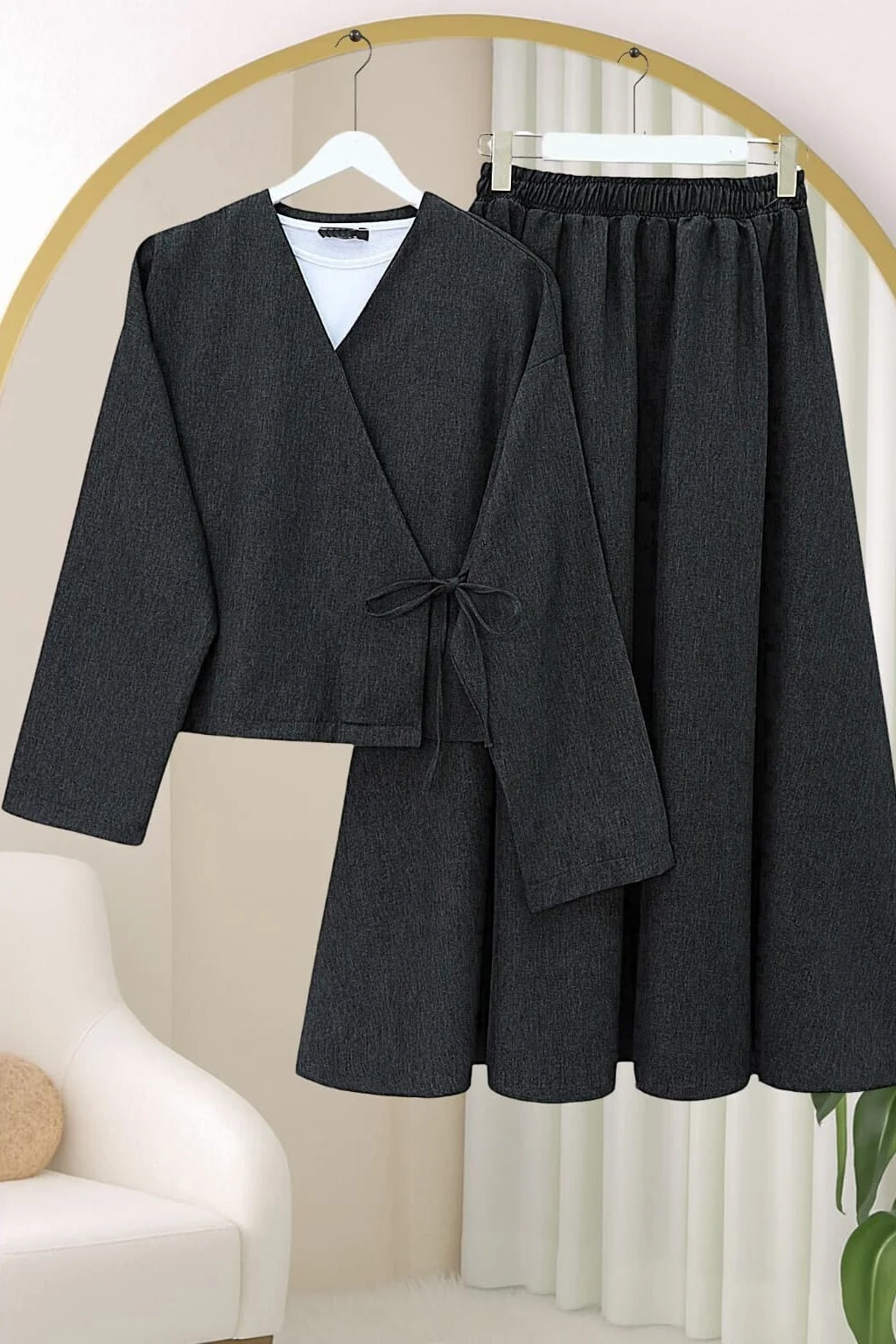 Women's Winter Wool-Effect Lace-Up Front Skirt Set in Charcoal Grey - Podyumplus - by Peralane - photo 3