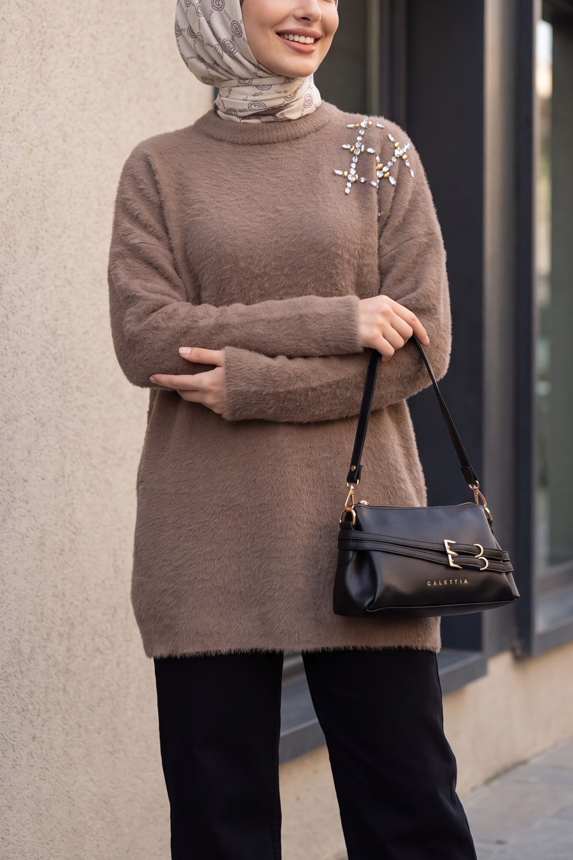 Women's Stone Embellished Fuzzy Knit Tunic in Light Brown - Podyumplus - by Peralane
