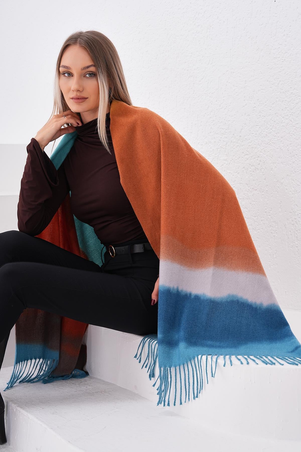 Multicolor Teal Thick Fringed Shawl - Nesvay - by Peralane - photo 5