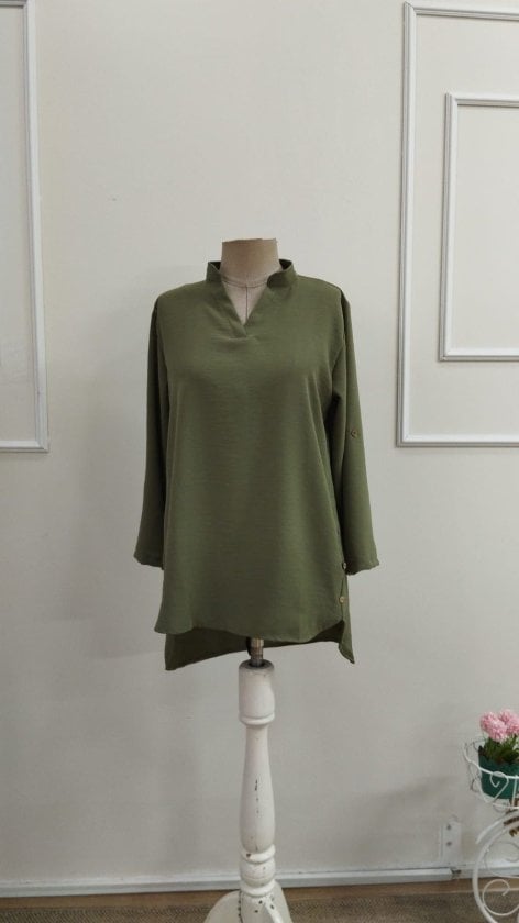 Women's Olive Green Blouse with Stand Collar and Side Button Details - Janes - by Peralane - photo 4