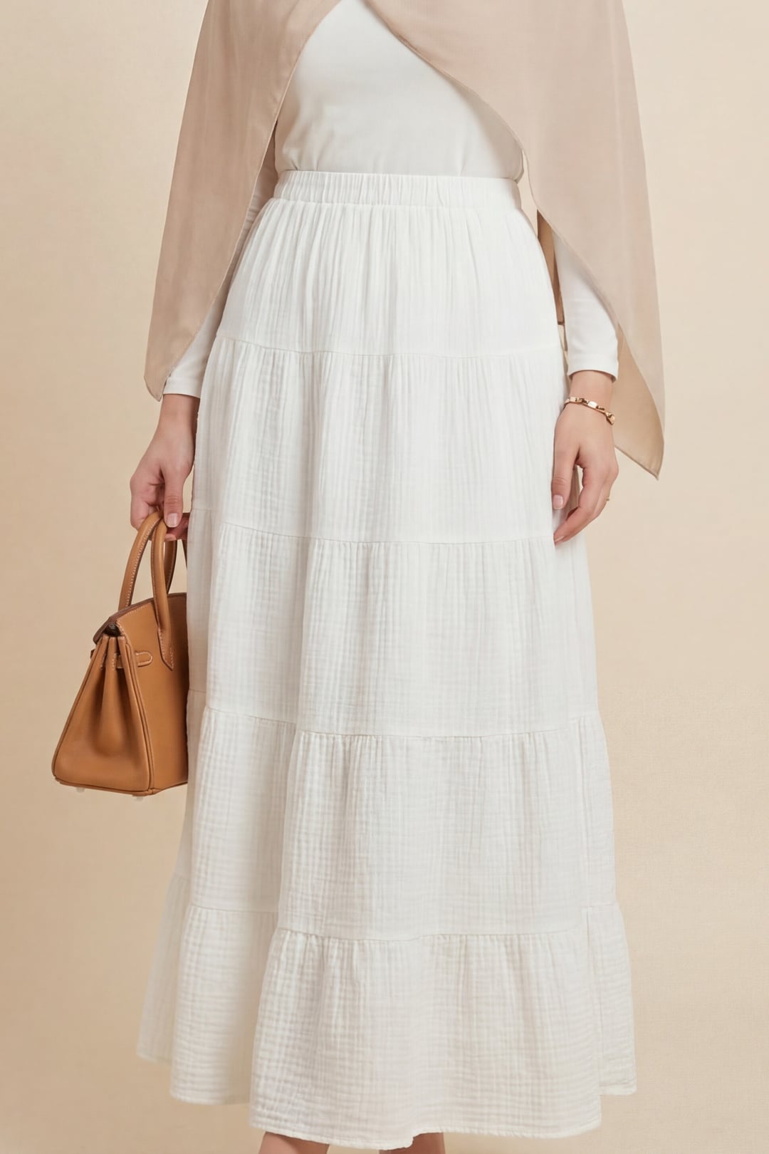 Elasticated Waist Tiered Muslin Maxi Skirt - Ecru - Podyumplus - by Peralane - photo 3