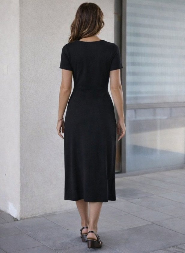Women's Black Short-Sleeved Round Neck Side-Slit Midi Viscose Dress - Janes - by Peralane - photo 3