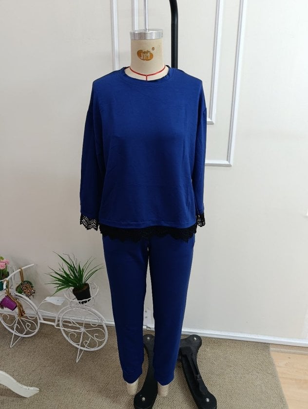 Women's Long-Sleeve Crew Neck Lace Trim Viscose Two-Thread Blouse and Trousers Two-Piece Set - Janes - by Peralane - photo 5