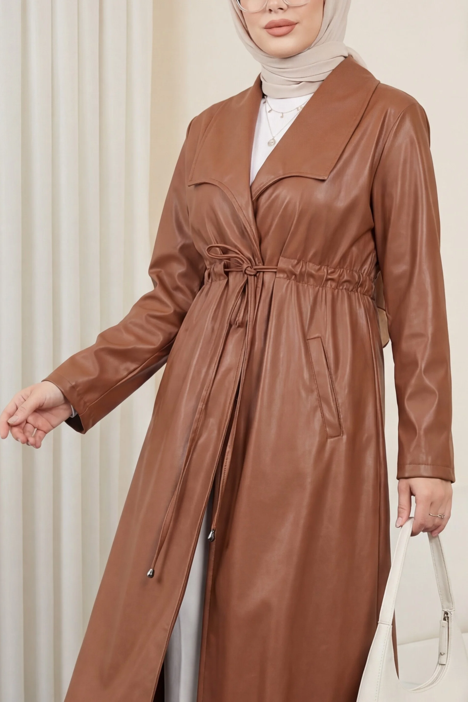 Brown Faux Leather Trench Coat with Tie Waist and Pockets - Podyumplus - by Peralane - photo 2