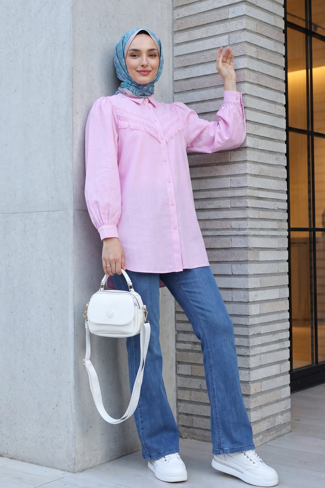 Dark Blue Flared Drawstring Denim Trousers - Podyumplus - by Peralane - photo 3